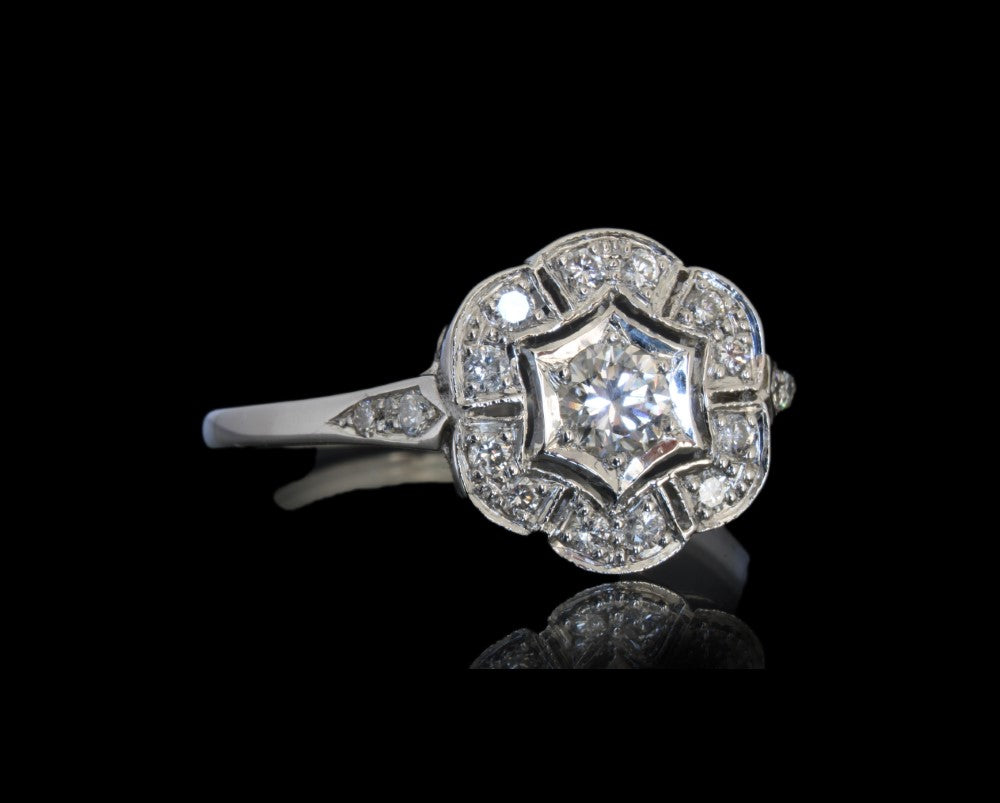 Platinum Engagement Ring with Natural Diamonds, Vintage Art Deco Style - fk gems