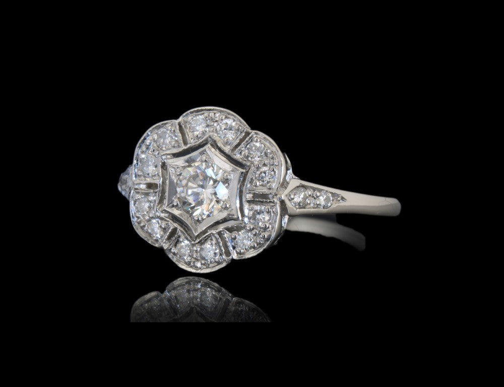 Platinum Engagement Ring with Natural Diamonds, Vintage Art Deco Style - fk gems