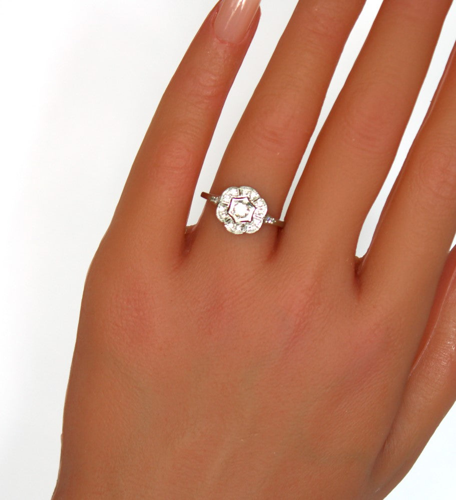 Platinum Engagement Ring with Natural Diamonds, Vintage Art Deco Style - fk gems