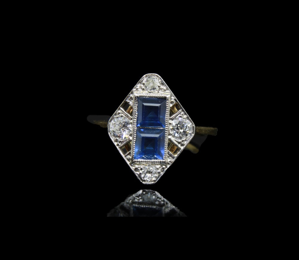 Vintage 18k Sapphires Diamonds Engagement Ring, Art Deco 1920/30s period - fk gems
