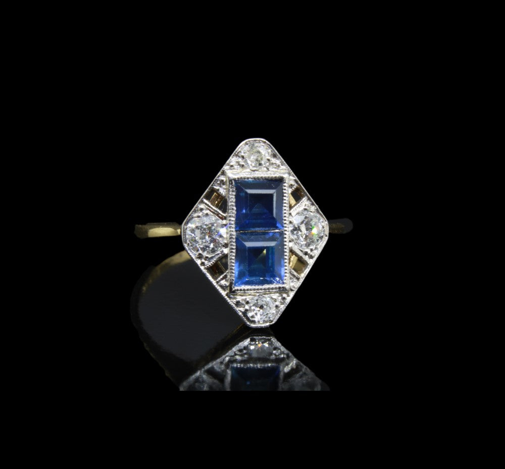 Vintage 18k Sapphires Diamonds Engagement Ring, Art Deco 1920/30s period - fk gems