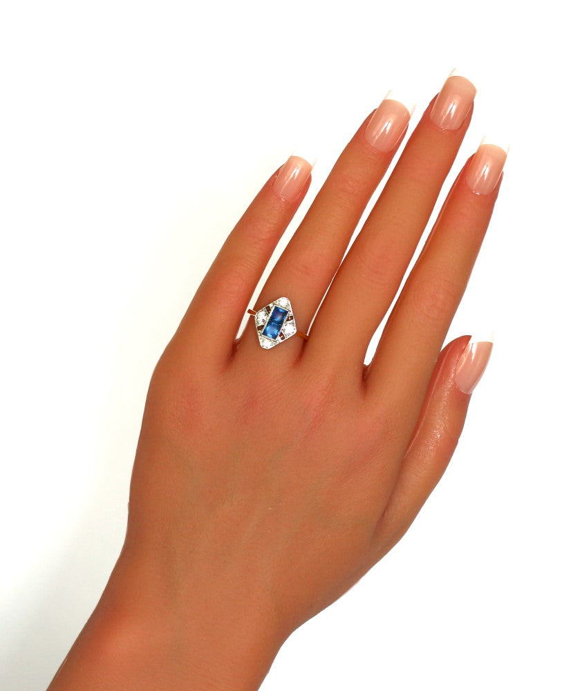 Vintage 18k Sapphires Diamonds Engagement Ring, Art Deco 1920/30s period - fk gems