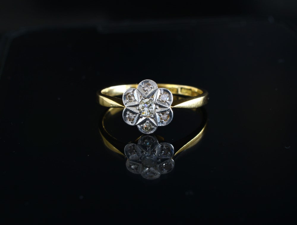 Art Deco Diamond daisy Engagement Ring | 1920s 18K Gold Platinum Diamond Ring - fk gems