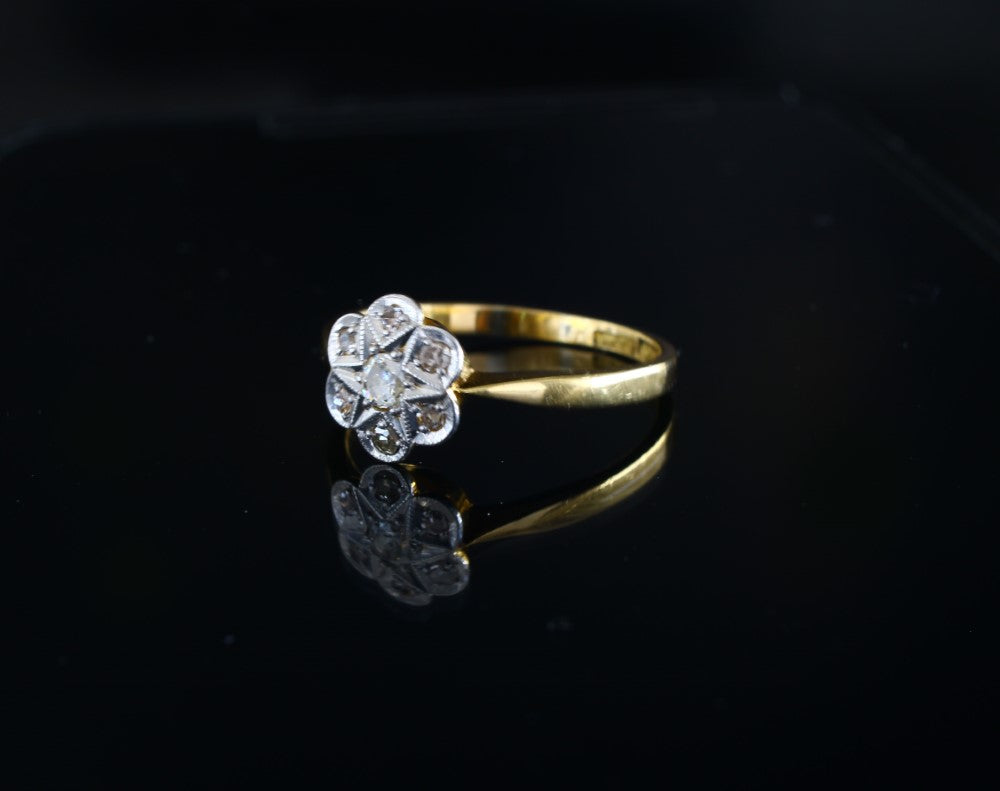 Art Deco Diamond daisy Engagement Ring | 1920s 18K Gold Platinum Diamond Ring - fk gems
