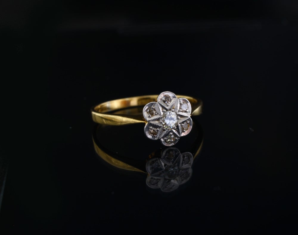 Art Deco Diamond daisy Engagement Ring | 1920s 18K Gold Platinum Diamond Ring - fk gems