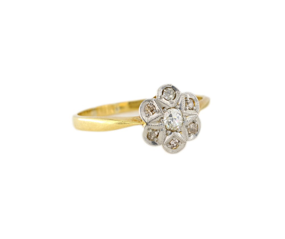 Art Deco Diamond daisy Engagement Ring | 1920s 18K Gold Platinum Diamond Ring - fk gems