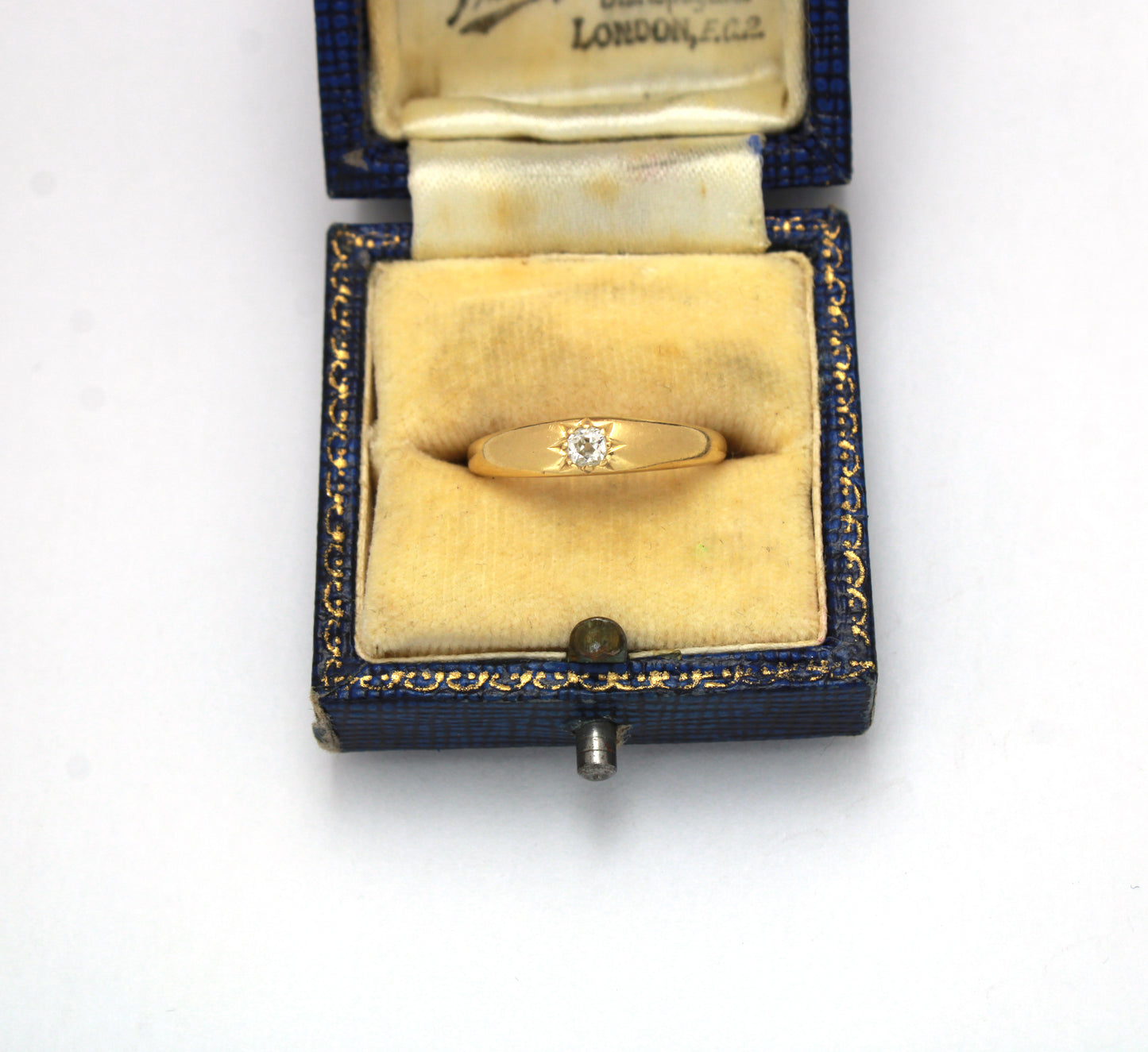 Antique Diamond Solitaire Engagement Ring in 18K Gold, Gypsy Star Set Diamond