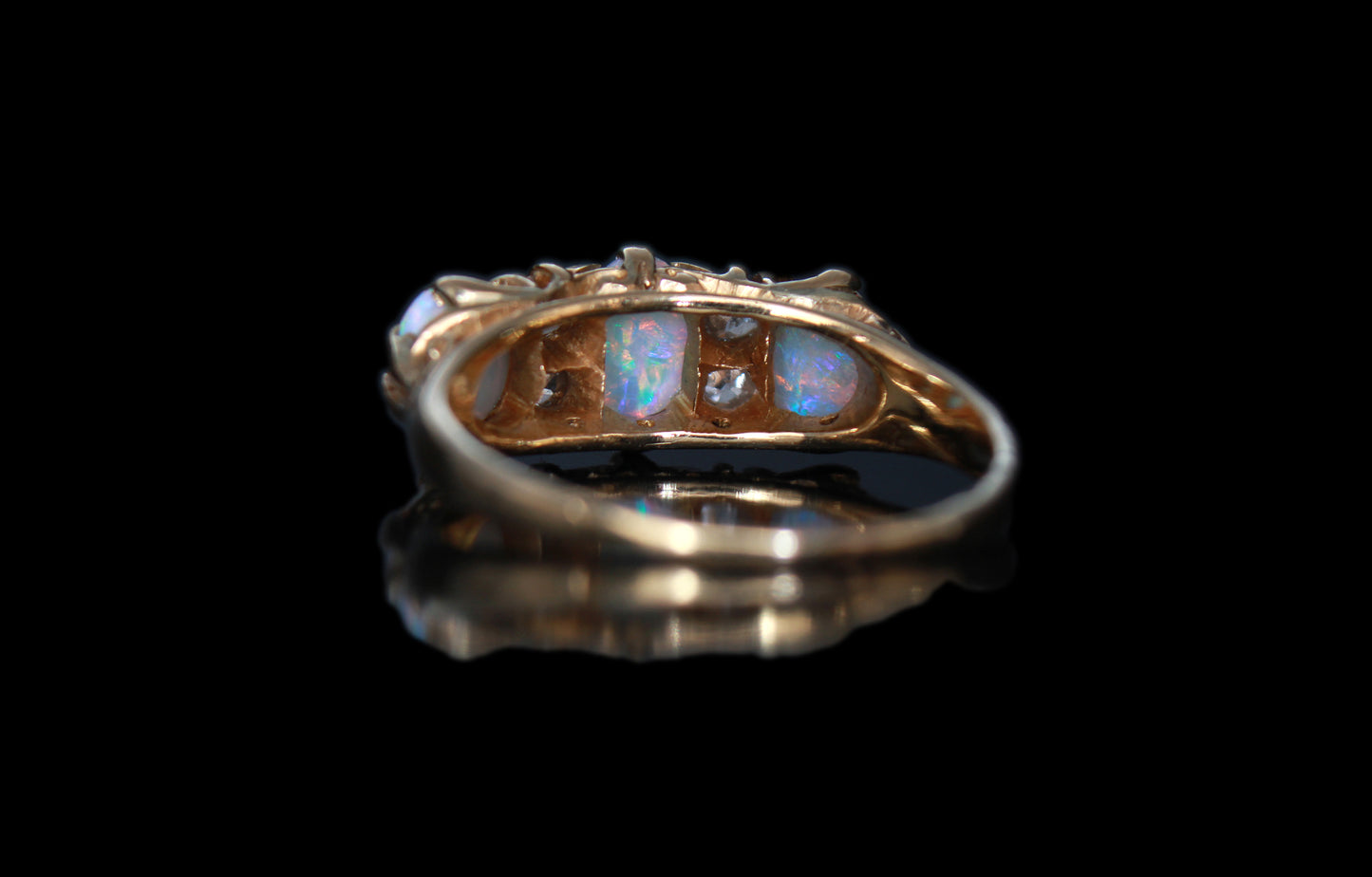 Antique Opal Diamond Engagement Ring Victorian Period Jewelry, Size: US 6.75, UK N, EU 54, Certificate of Authenticity)
