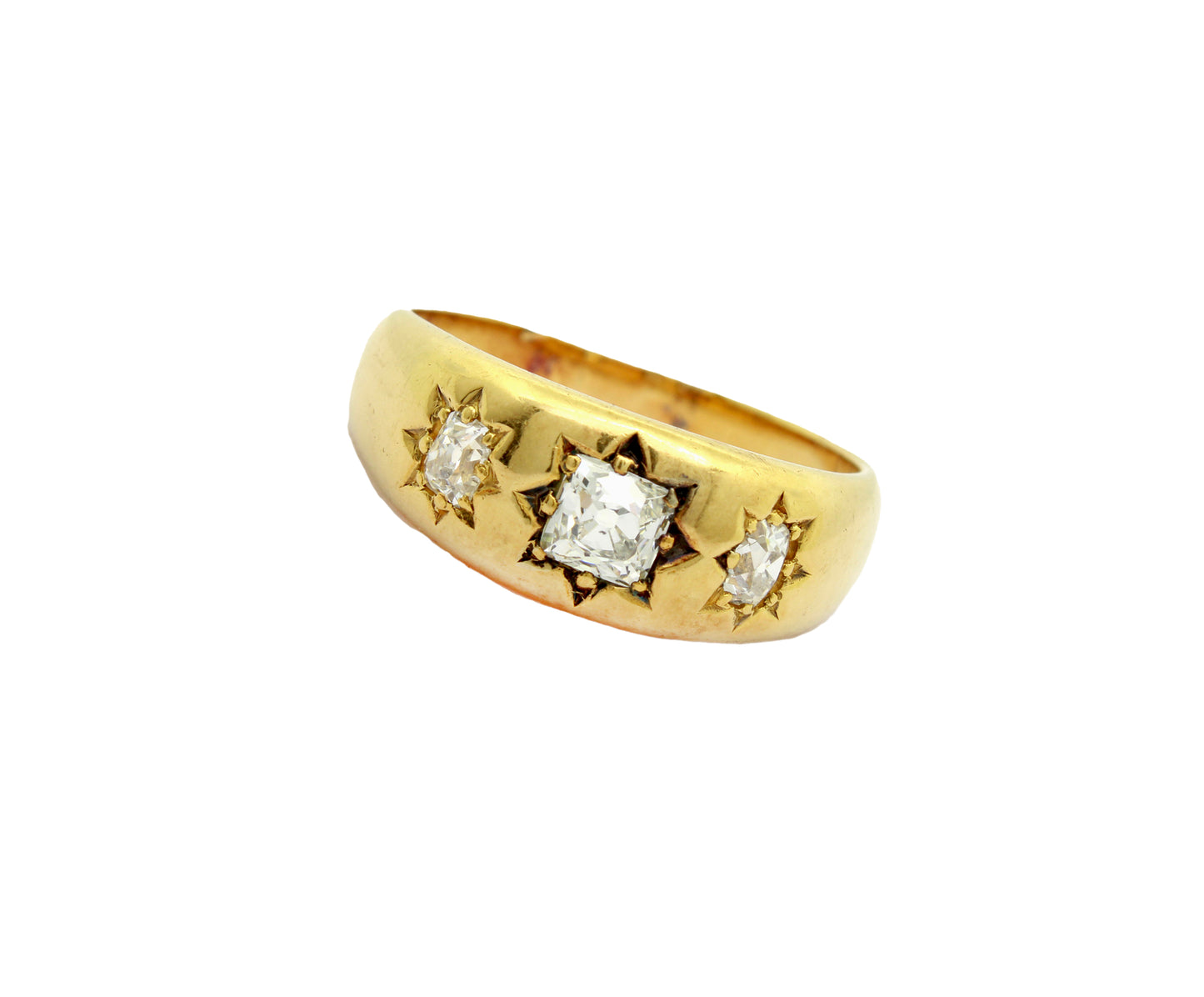 Supeb Edwardian Diamond Engagement Ring, Heavy 18K Gypsy Gold Ring with Old Mine Cut Diamonds