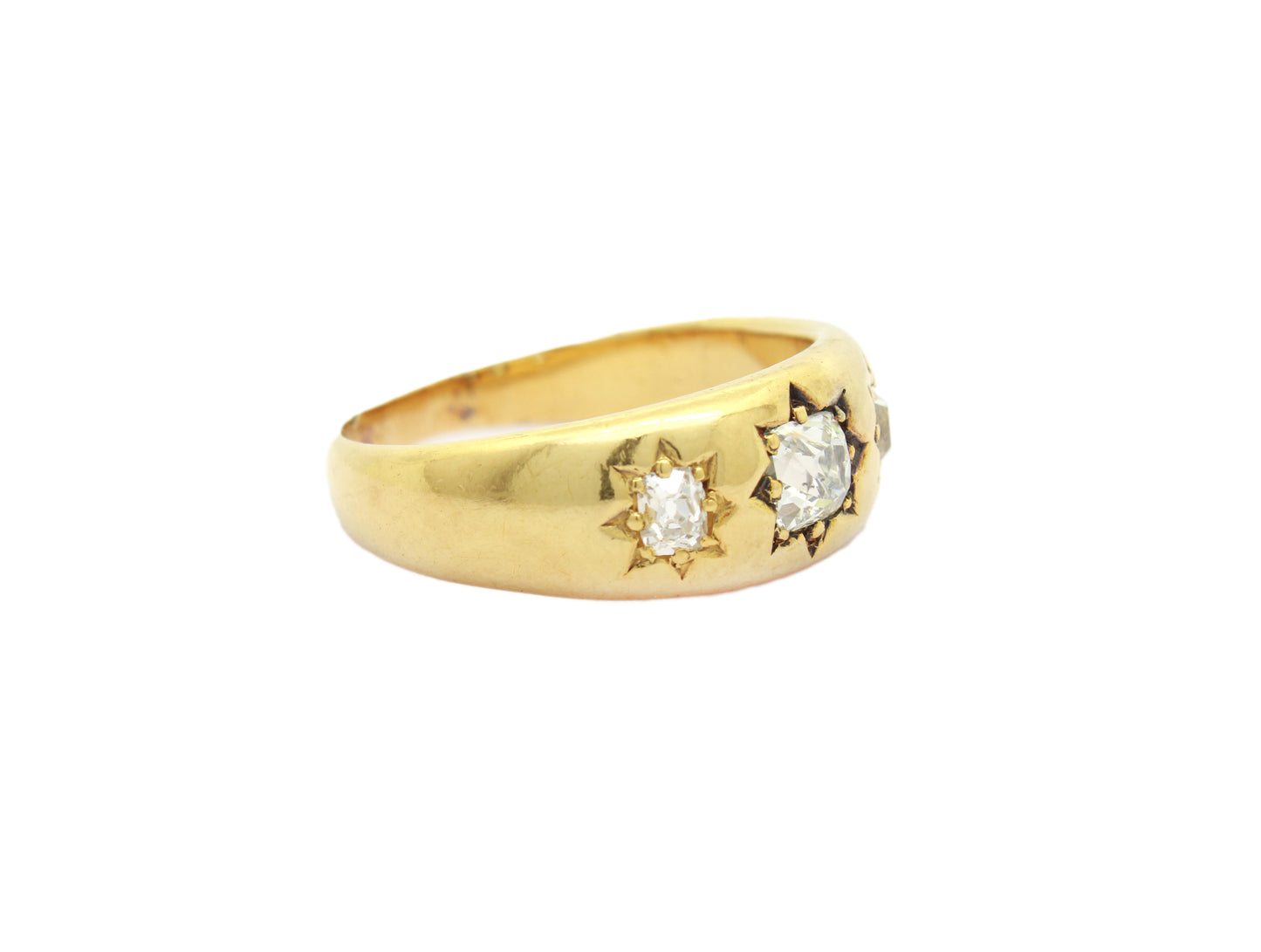 Supeb Edwardian Diamond Engagement Ring, Heavy 18K Gypsy Gold Ring with Old Mine Cut Diamonds