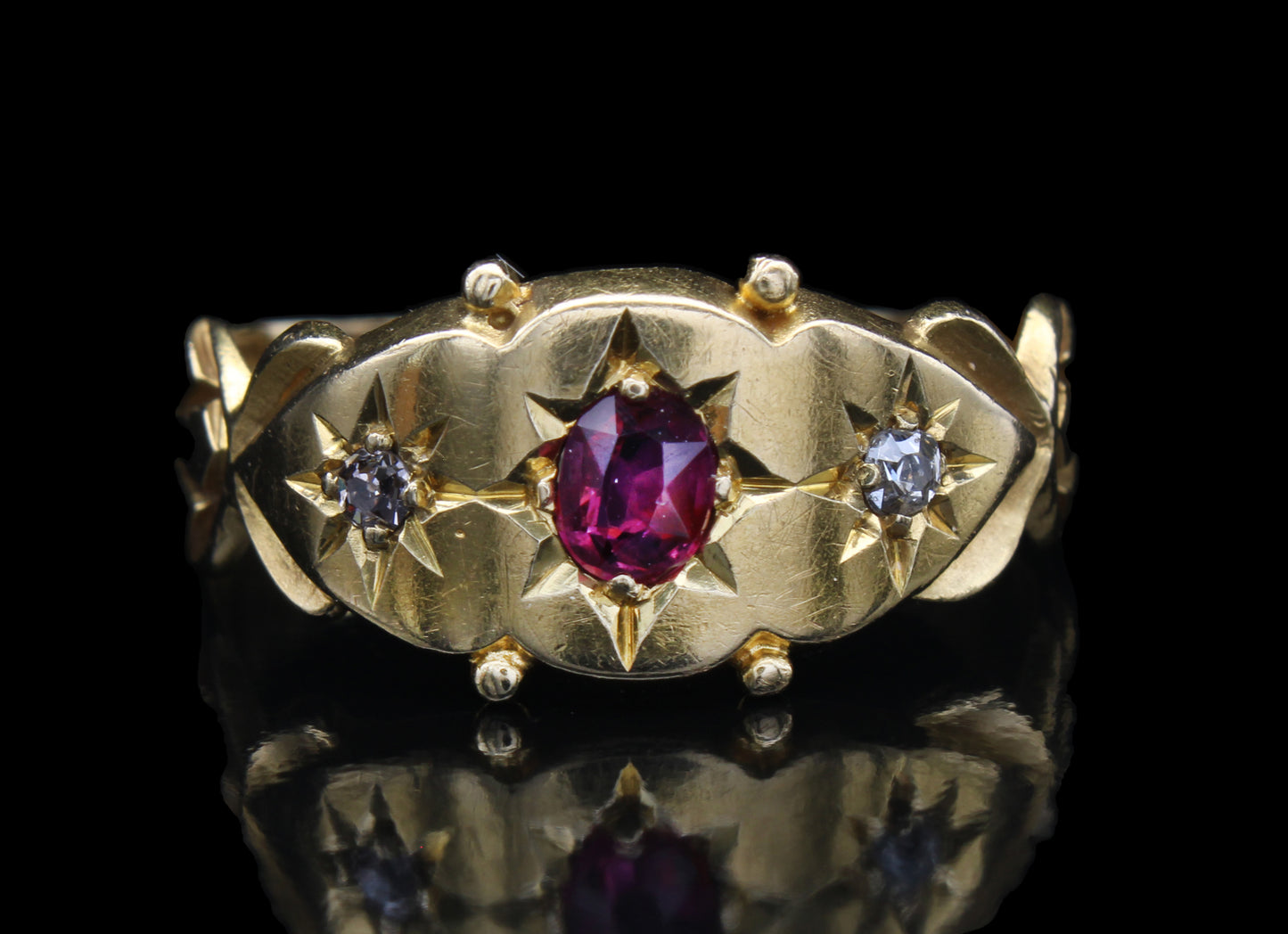 Elegant Antique Edwardian 18k Gold Diamond & Ruby Ring with Star Gypsy Setting, Size 5 US, J 1/2 UK, 49.5 EU, Resizing Available