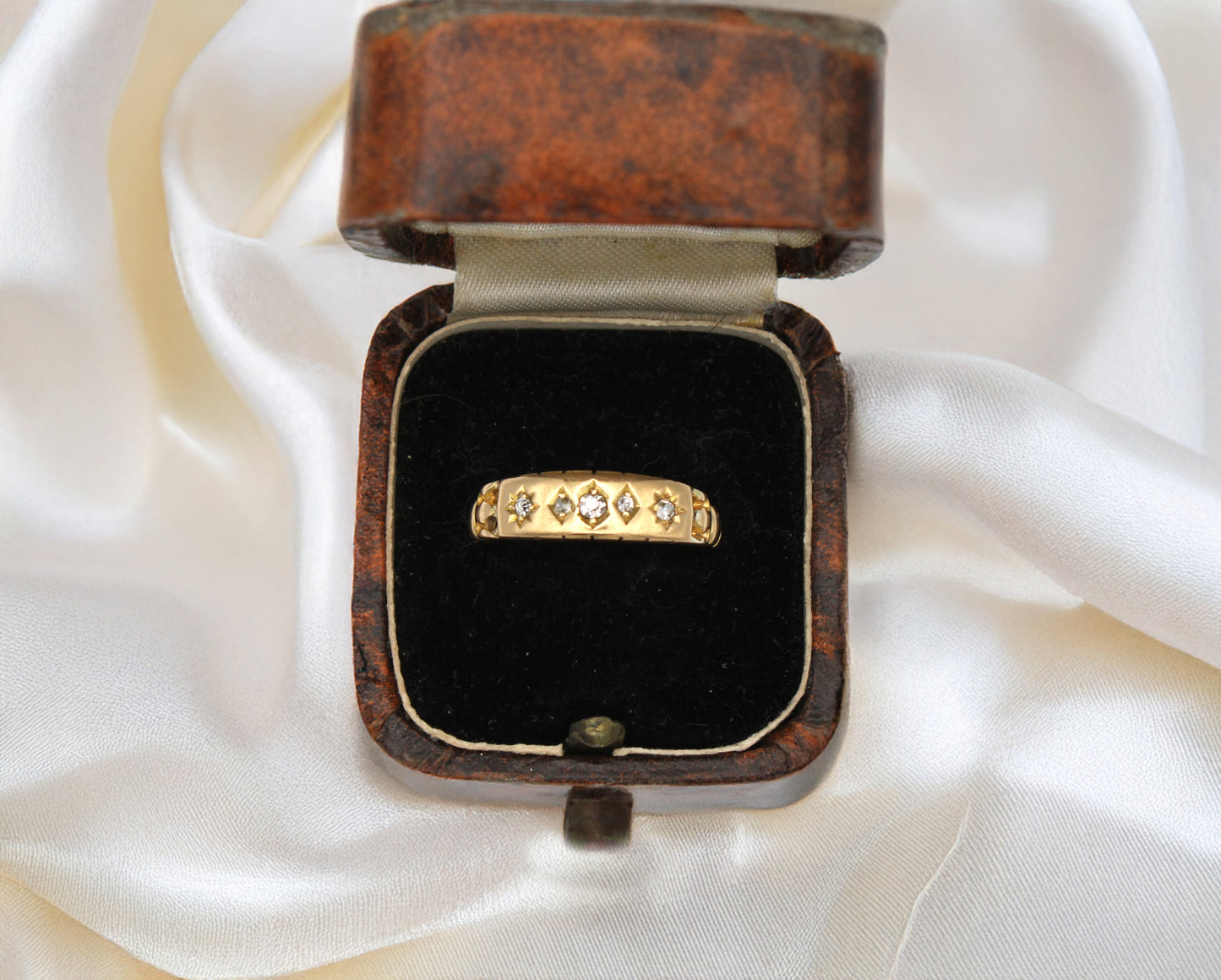 Antique Diamond Engagement Ring, Victorian Gypsy Gold Ring with Five Diamonds, Size US 7.25, UK O, EU 55 -Resizing and Certificate Available