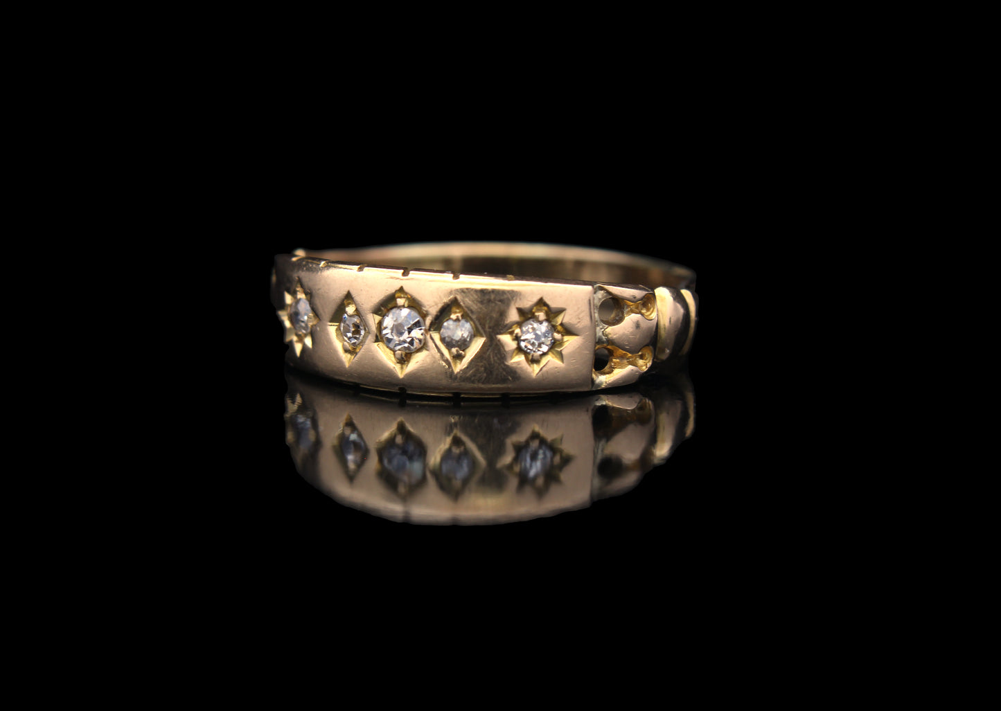 Antique Diamond Engagement Ring, Victorian Gypsy Gold Ring with Five Diamonds, Size US 7.25, UK O, EU 55 -Resizing and Certificate Available