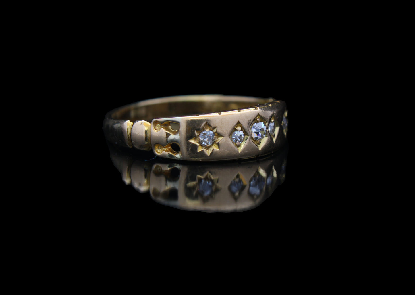 Antique Diamond Engagement Ring, Victorian Gypsy Gold Ring with Five Diamonds, Size US 7.25, UK O, EU 55 -Resizing and Certificate Available