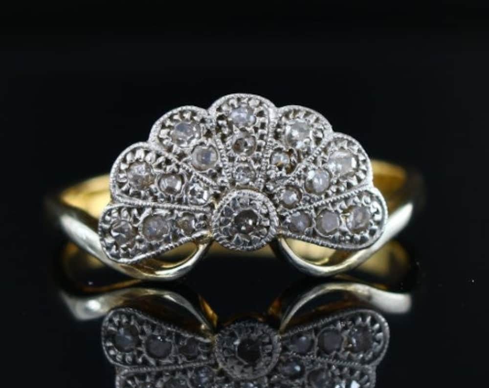 Art Deco Diamond Fan Engagement Ring, 1920s 18K Gold Platinum Diamond Ring - fk gems