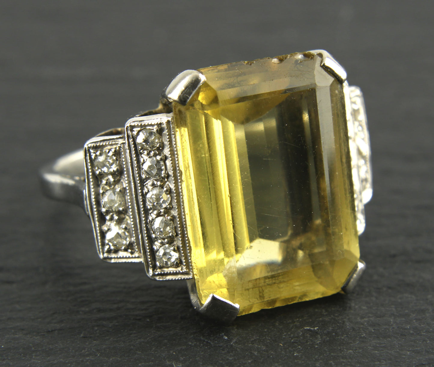 Vintage Art Deco Citrine Diamond Cocktail Ring, Lovely Statement Ring - fk gems