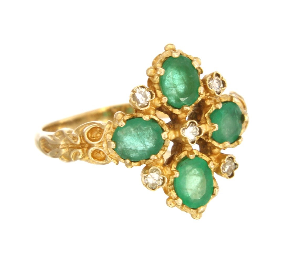 Vintage Emerald Diamond Engagement Ring - fk gems