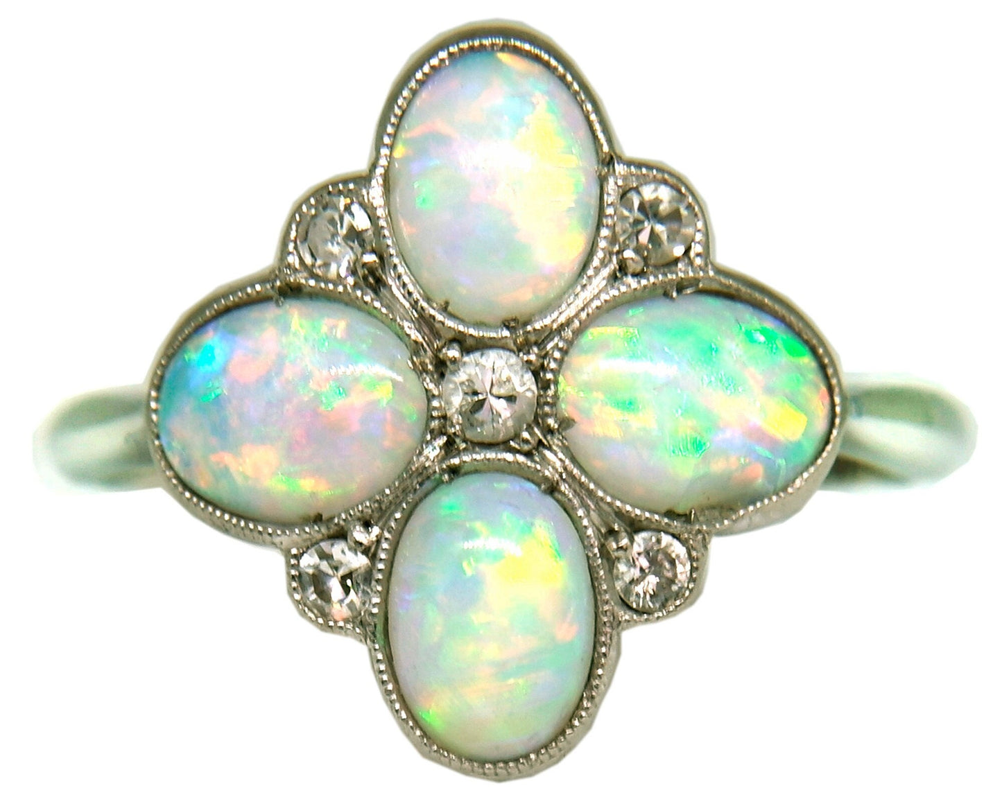 Antique White Gold Opal & Diamond Ring - fk gems