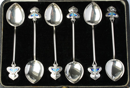 Antique Art Nouveau Silver Enamel Tea/Coffee Spoon Set Boxed - fk gems