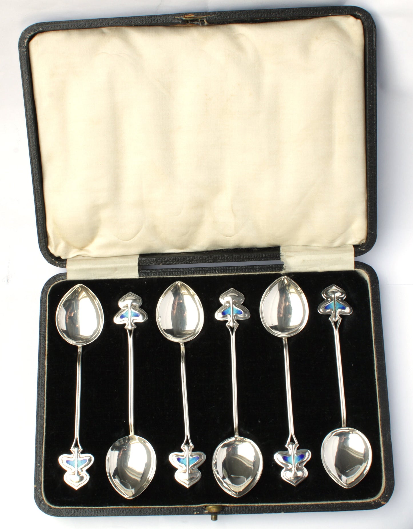 Antique Art Nouveau Silver Enamel Tea/Coffee Spoon Set Boxed - fk gems
