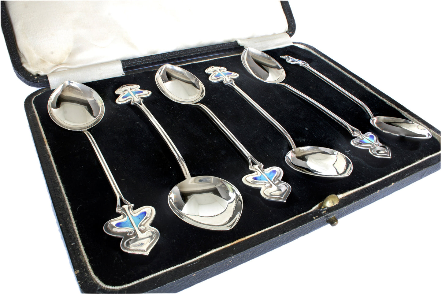 Antique Art Nouveau Silver Enamel Tea/Coffee Spoon Set Boxed - fk gems