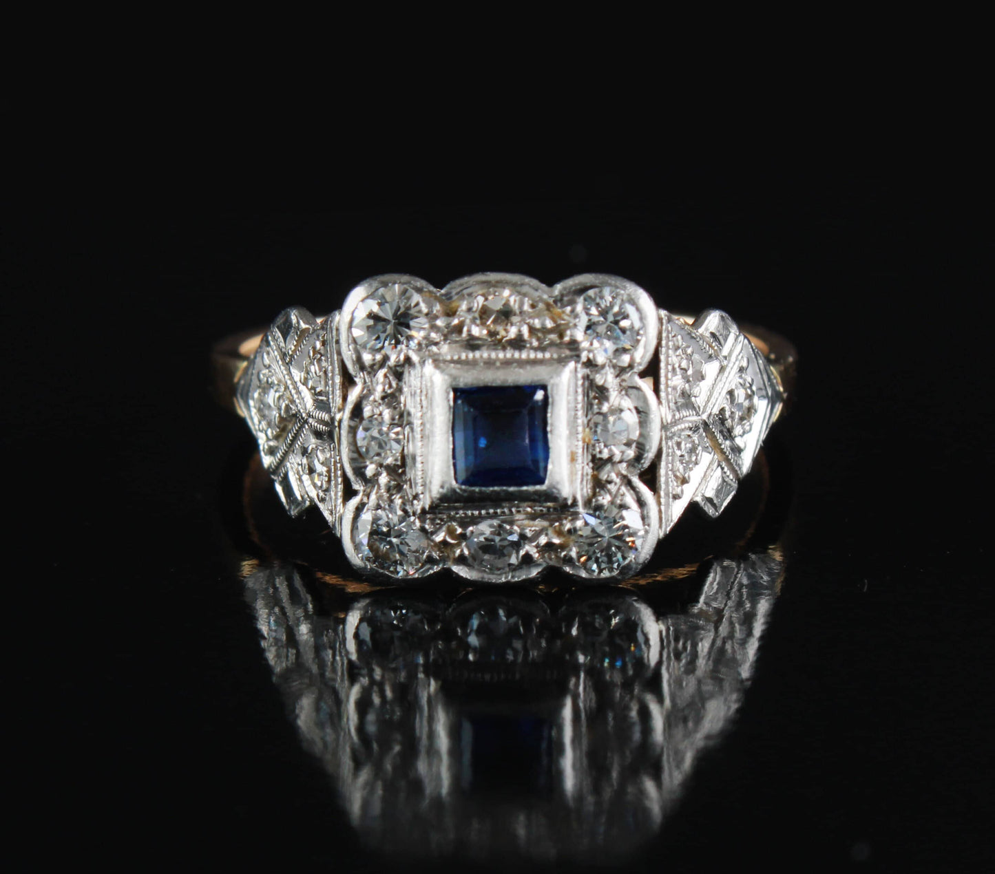 vintage Sapphire & Diamond Cluster Ring, Art Deco Style White Gold Ring,Natural Diamond Engagement Ring - fk gems