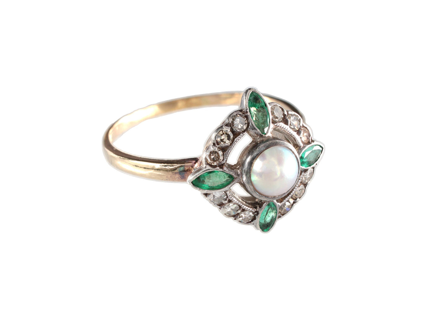 Edwardian Pearl Emerald and Diamond Gold Ring - fk gems