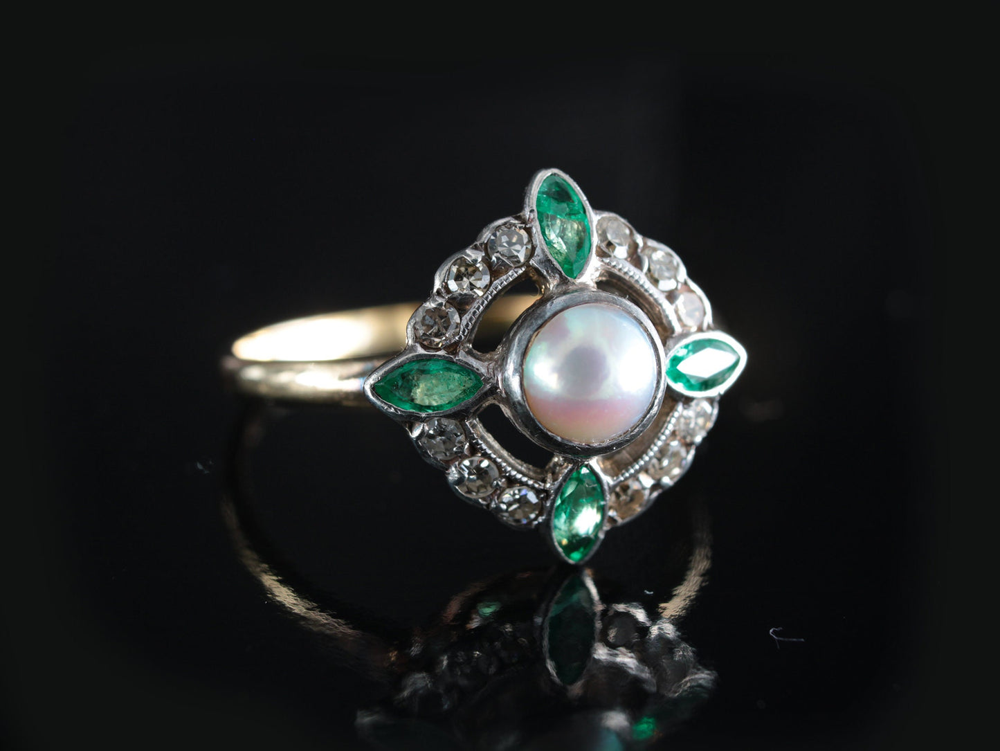 Edwardian Pearl Emerald and Diamond Gold Ring - fk gems