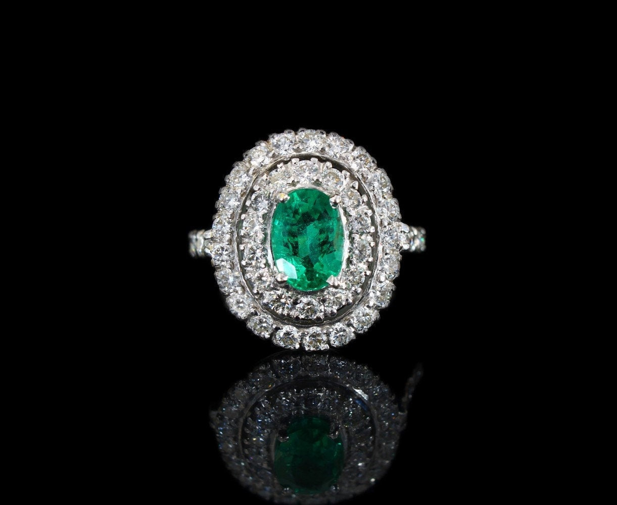 Vintage Emerald Diamond Cluster Engagement Ring Size M1/2, US 6.5 - fk gems