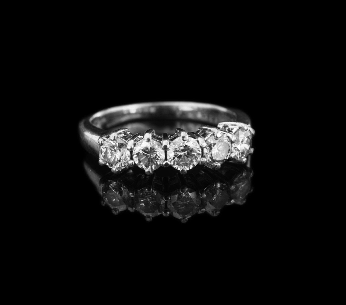 Vintage Diamond Engagement Ring in 18K Gold with Five Brilliant Cut Stones Set in White Gold - fk gems