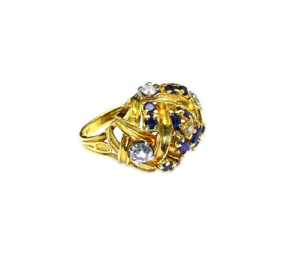Vintage Natural Sapphire Diamond Ring in 18K Rose Gold, Large Bombe Cocktail Statement Ring - fk gems