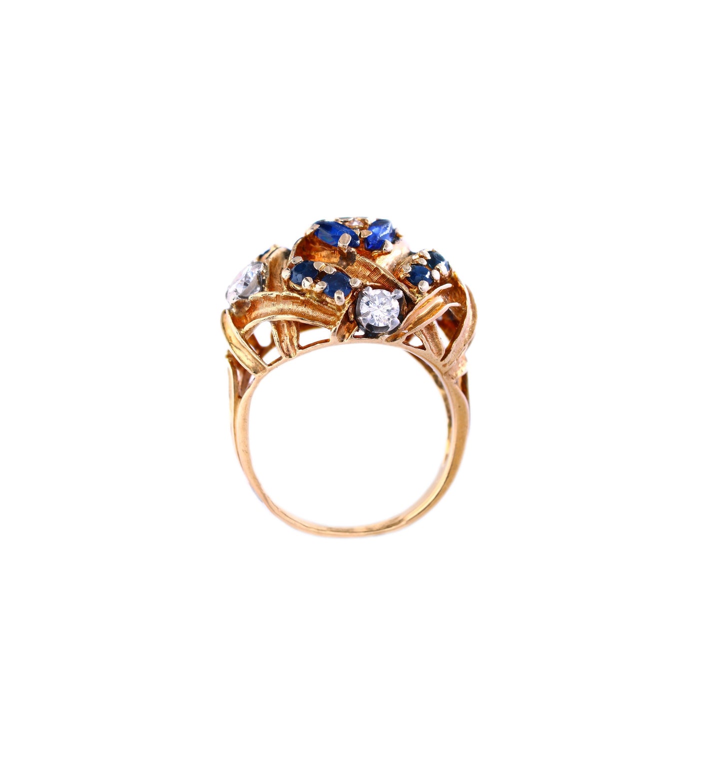 Vintage Natural Sapphire Diamond Ring in 18K Rose Gold, Large Bombe Cocktail Statement Ring - fk gems
