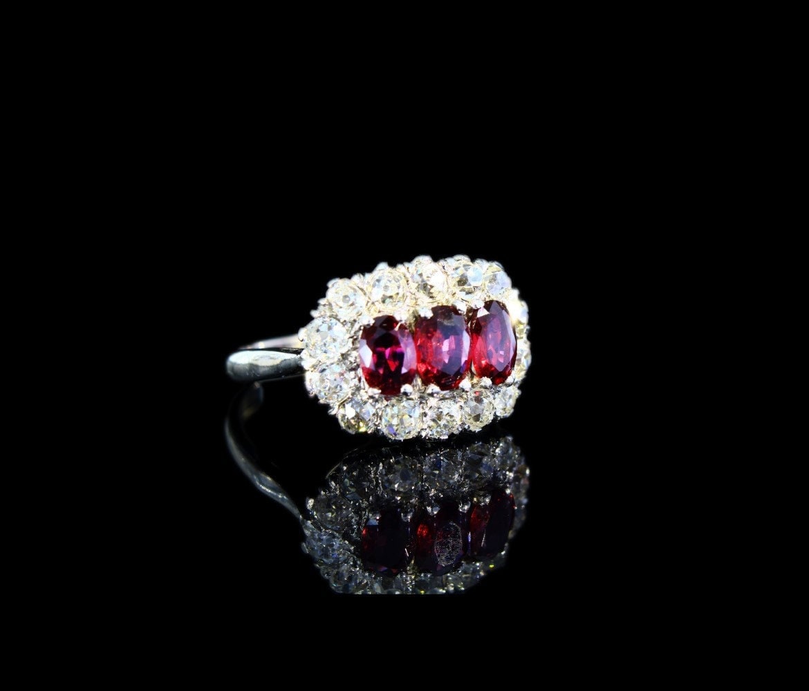 Vintage Natural Ruby Diamond Ring in 18k Gold Platinum,Hand Crafted Triple Cluster of Old Cut Diamonds and Rubies - fk gems