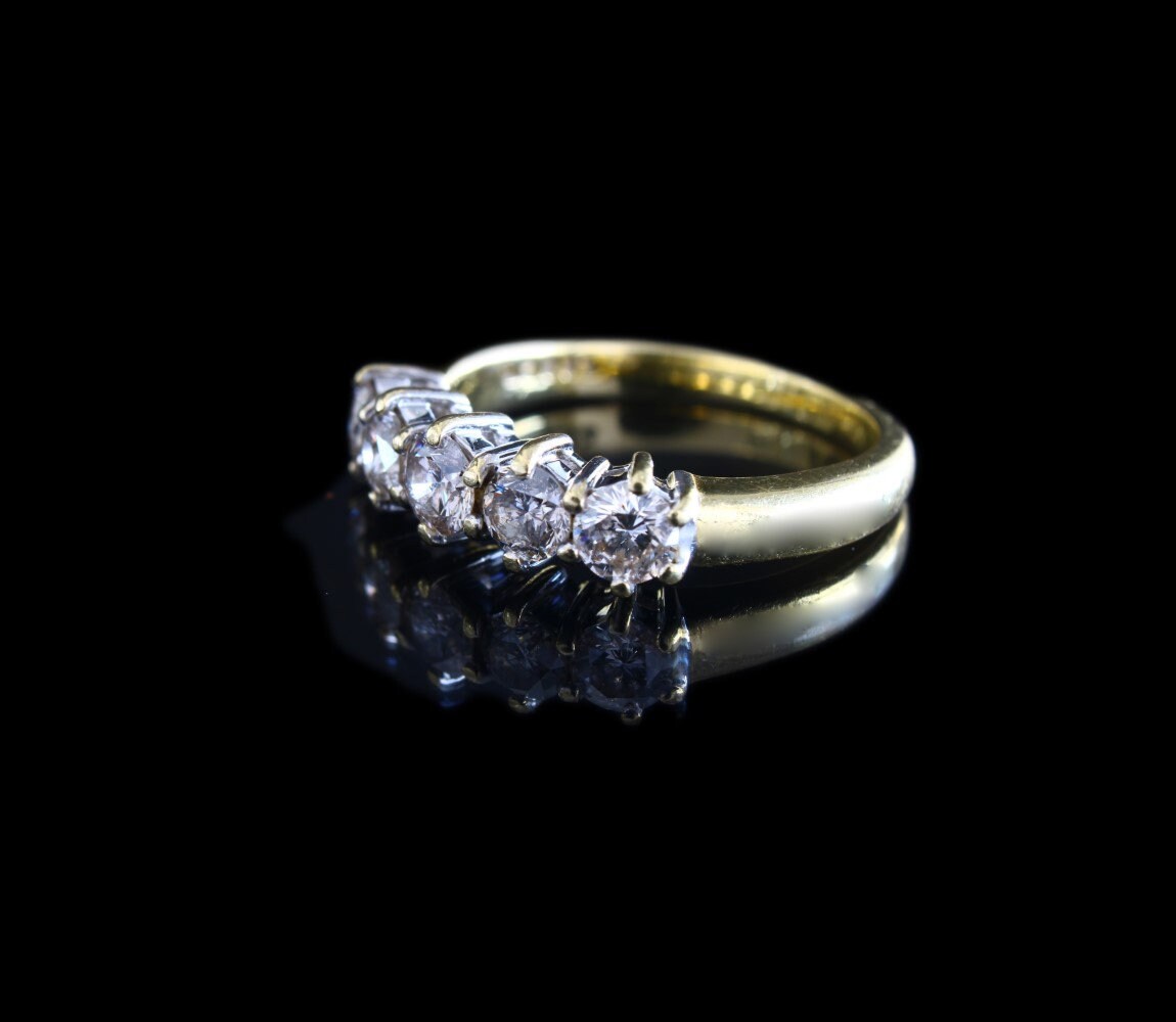 Vintage Diamond Engagement Ring in 18K Gold with Five Brilliant Cut Stones Set in White Gold - fk gems