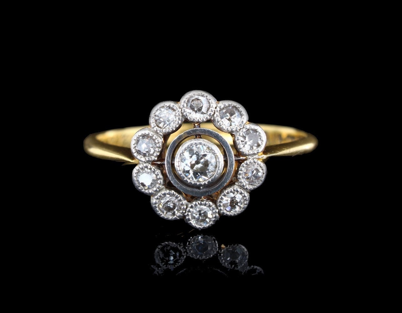 Art Deco Diamond daisy Engagement Ring | 1930s 18K Gold Diamond Ring - fk gems
