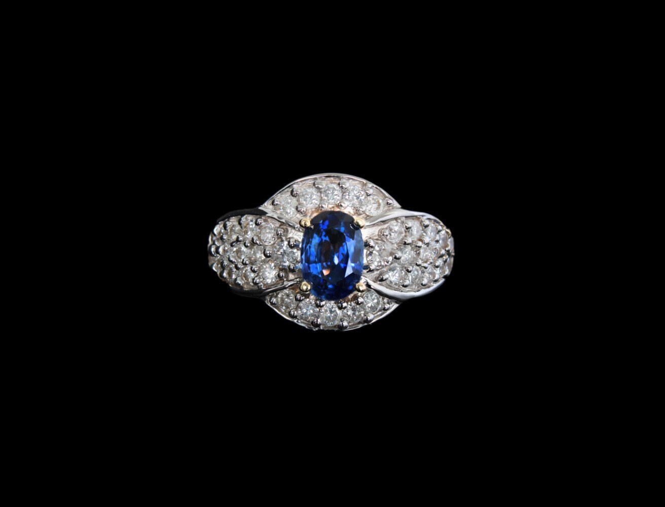 Sapphire & Diamond Ring, White Gold cocktail Ring, Pave Diamond Statement Ring - fk gems