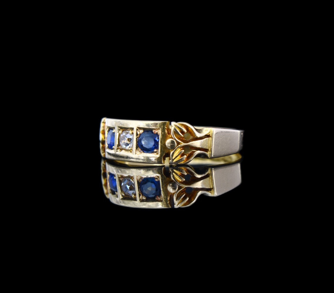 Antique Gold Sapphire Diamond Engagement Ring Size 6 US, L1/2 UK - fk gems