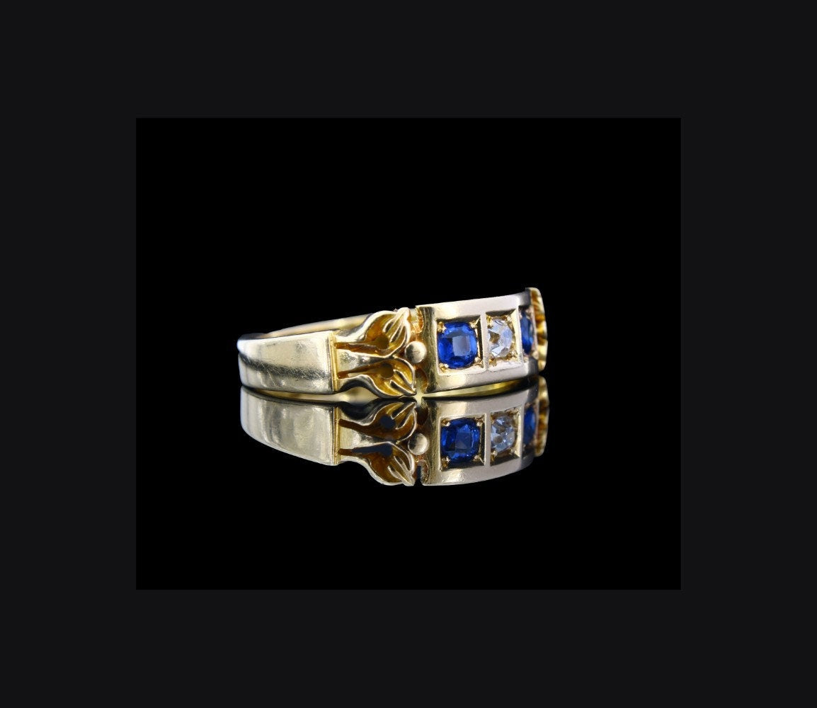 Antique Gold Sapphire Diamond Engagement Ring Size 6 US, L1/2 UK - fk gems