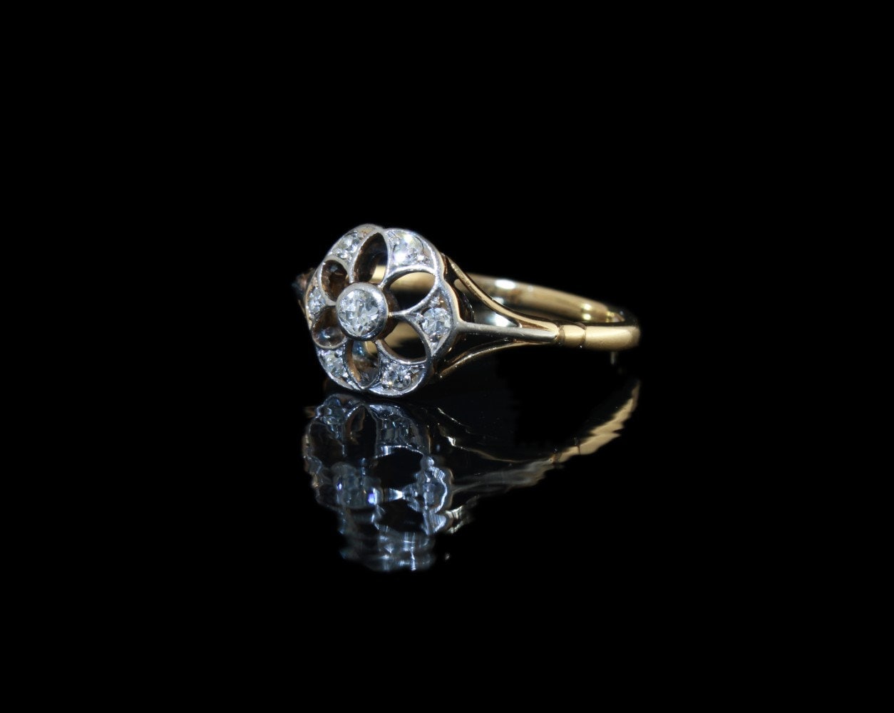 Antique Diamond Engagement Ring, Edwardian 18K Gold Natural Diamonds Flower Ring Size 7.5 US, P UK - fk gems