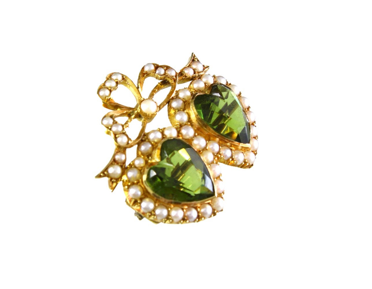 Edwardian 15k Rose Gold Brooch, Vintage Sweetheart Brooch with Pearls and Green Peridots - fk gems