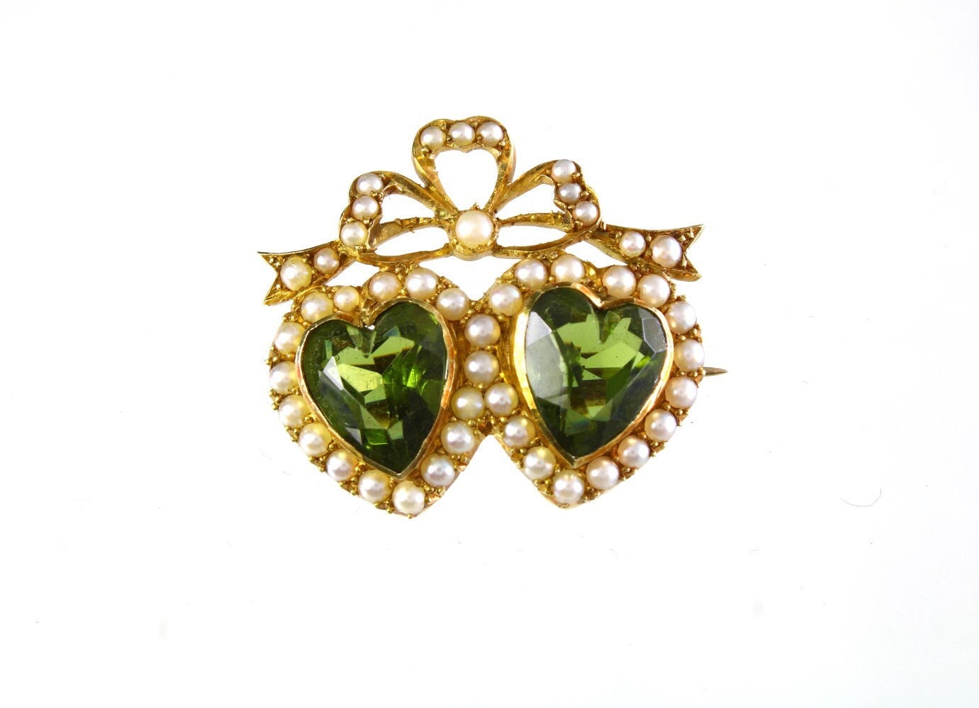 Edwardian 15k Rose Gold Brooch, Vintage Sweetheart Brooch with Pearls and Green Peridots - fk gems