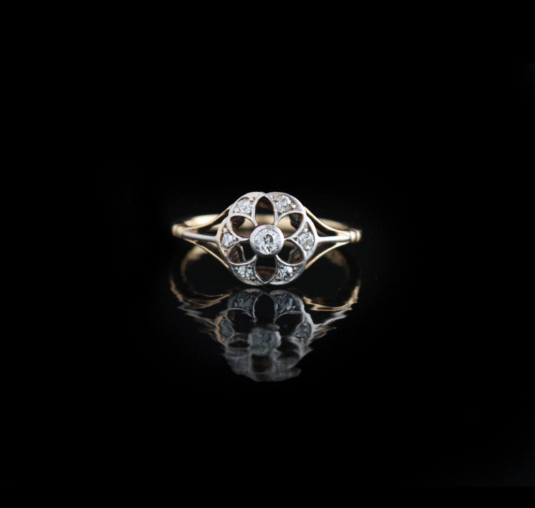 Antique Diamond Engagement Ring, Edwardian 18K Gold Natural Diamonds Flower Ring Size 7.5 US, P UK - fk gems