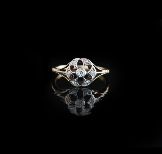 Antique Diamond Engagement Ring, Edwardian 18K Gold Natural Diamonds Flower Ring Size 7.5 US, P UK - fk gems