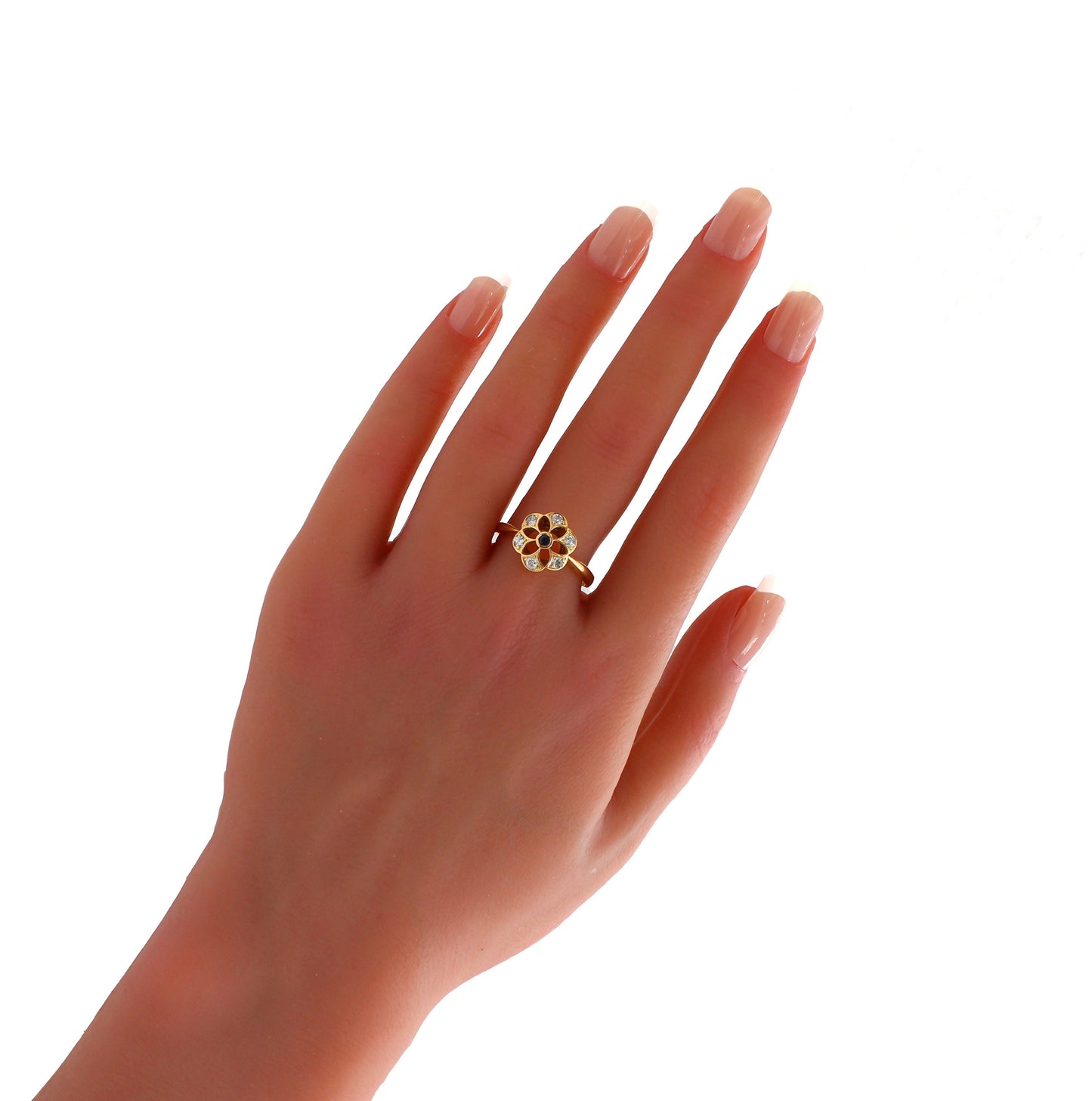Edwardian Sapphire Diamond Engagement Ring size US 8.5, UK R, Antique 18k Gold Estate Flower Ring - fk gems