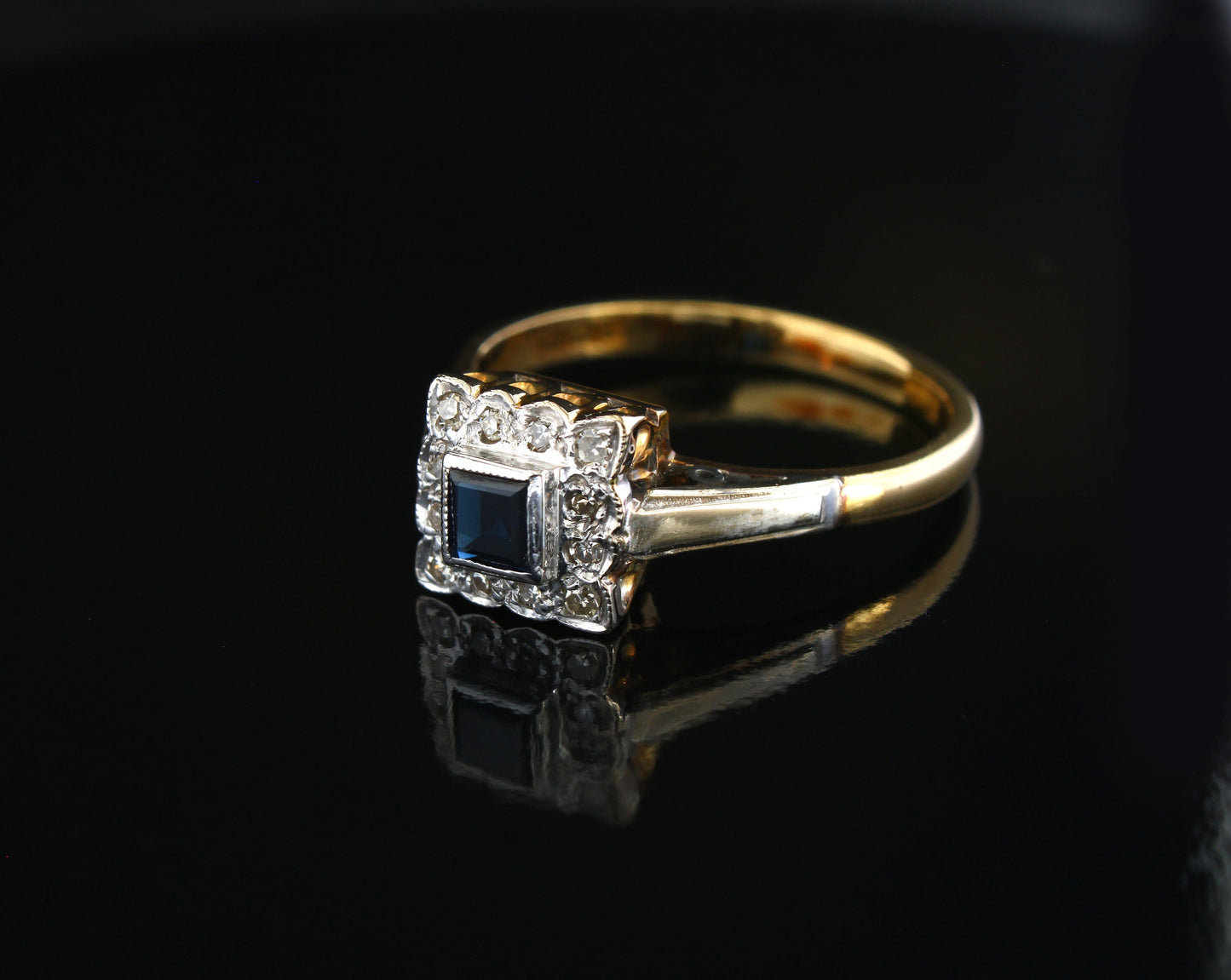 Vintage Sapphire Diamond Engagement Ring, Art Deco Style Gold Ring with Natural Diamonds and Blue Sapphire - fk gems
