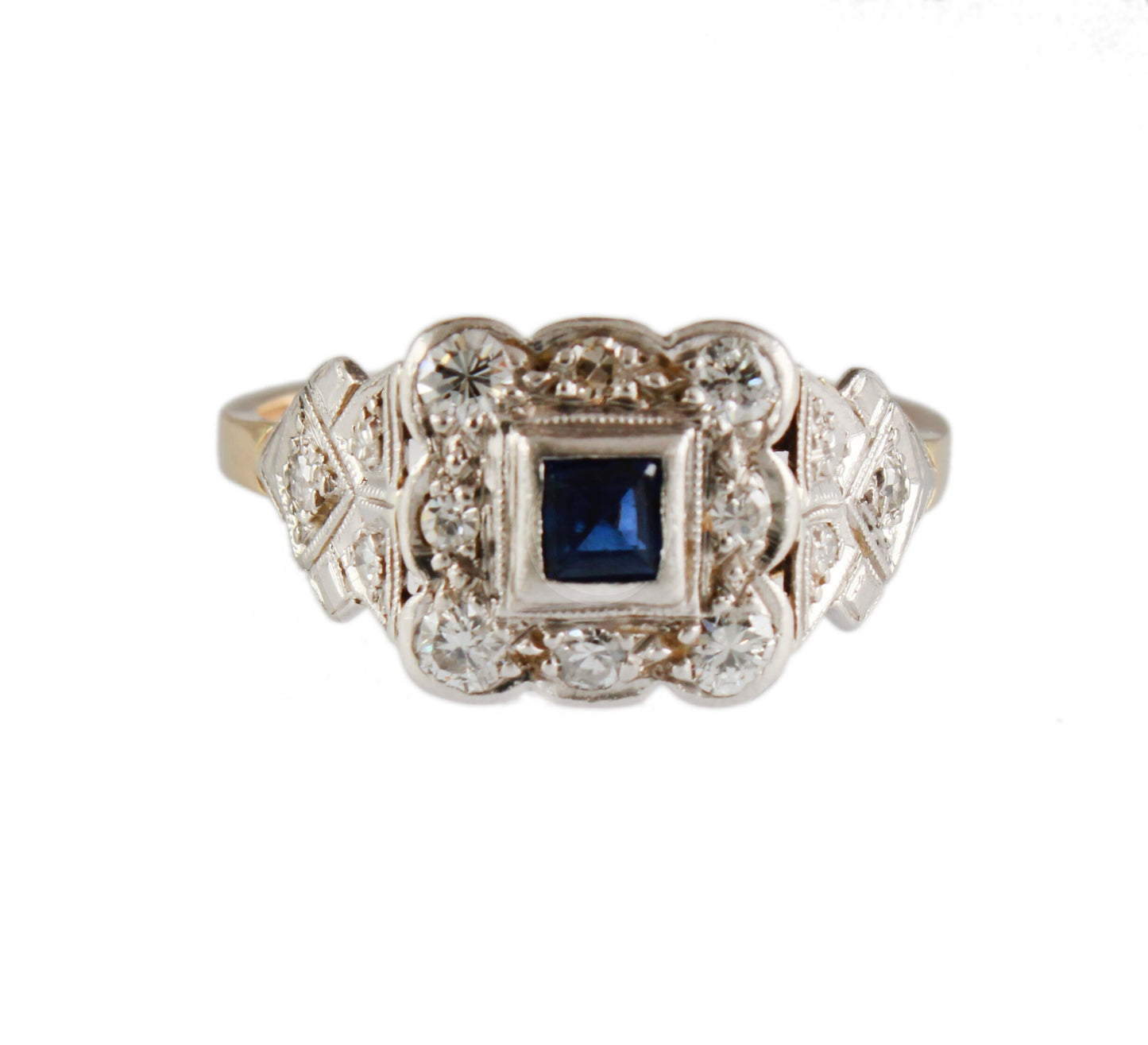 vintage Sapphire & Diamond Cluster Ring, Art Deco Style White Gold Ring,Natural Diamond Engagement Ring - fk gems