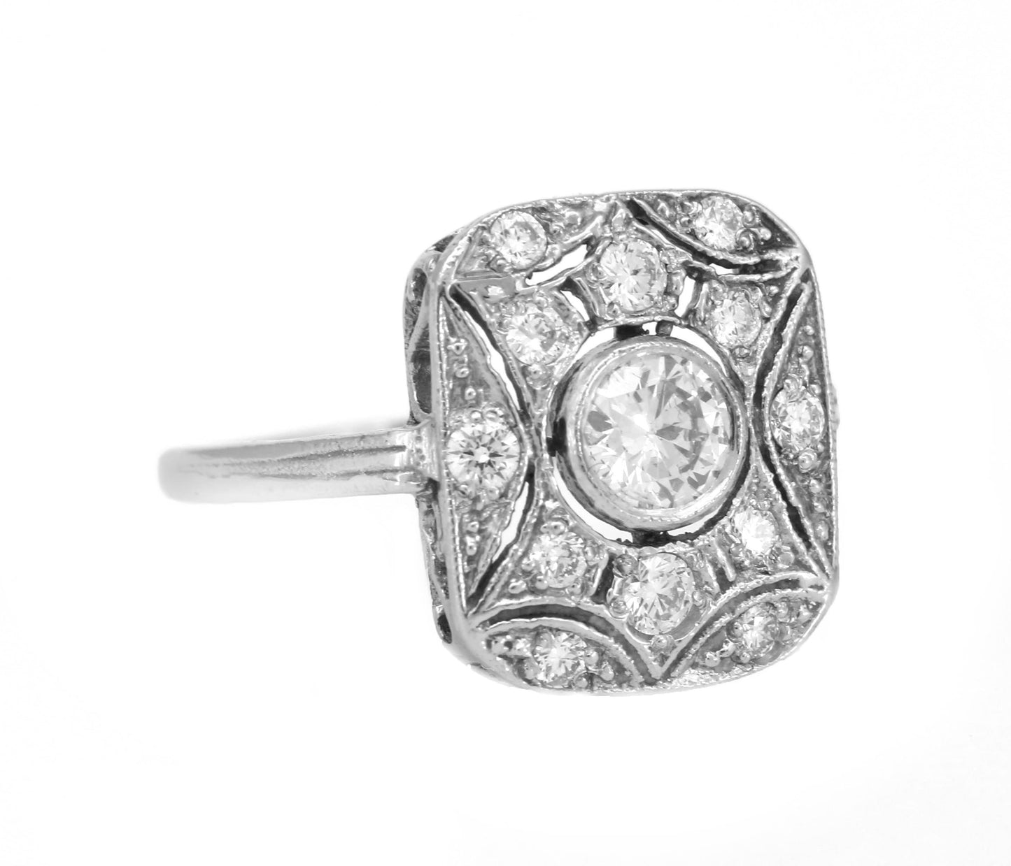 Art Deco Diamond Ring, Platinum Old Cut Diamond Panel Ring,Natural Diamond Cluster Ring - fk gems