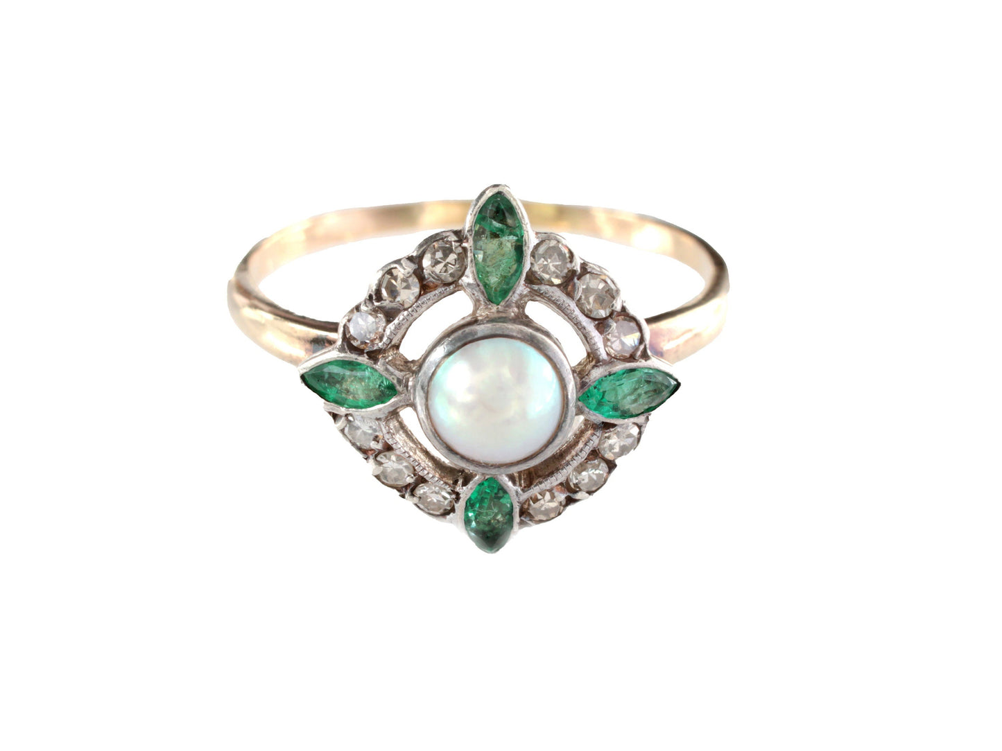 Edwardian Pearl Emerald and Diamond Gold Ring - fk gems