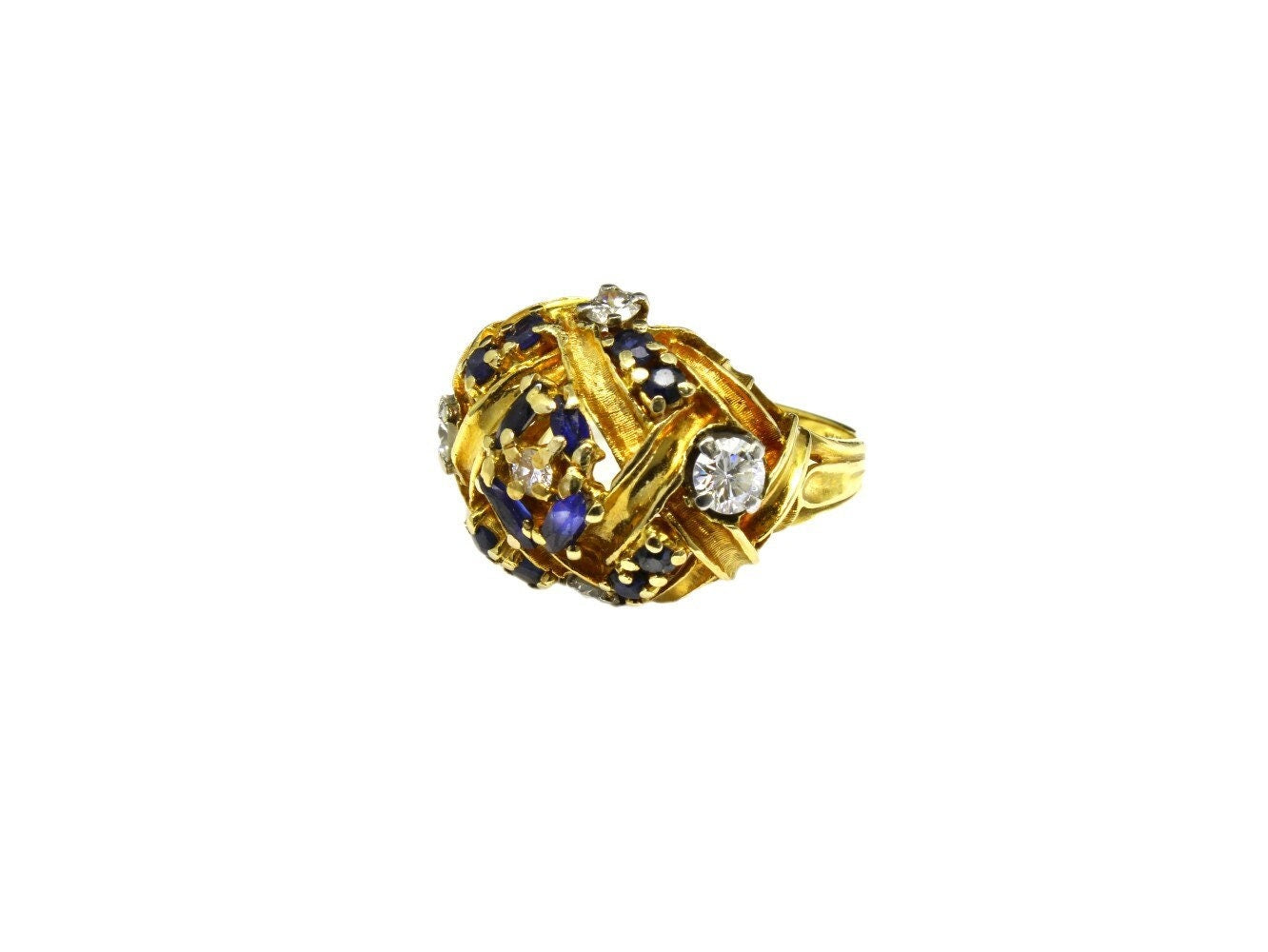 Vintage Natural Sapphire Diamond Ring in 18K Rose Gold, Large Bombe Cocktail Statement Ring - fk gems
