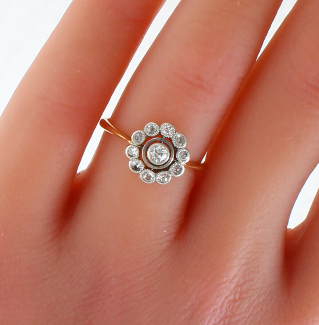 Art Deco Diamond daisy Engagement Ring | 1930s 18K Gold Diamond Ring - fk gems